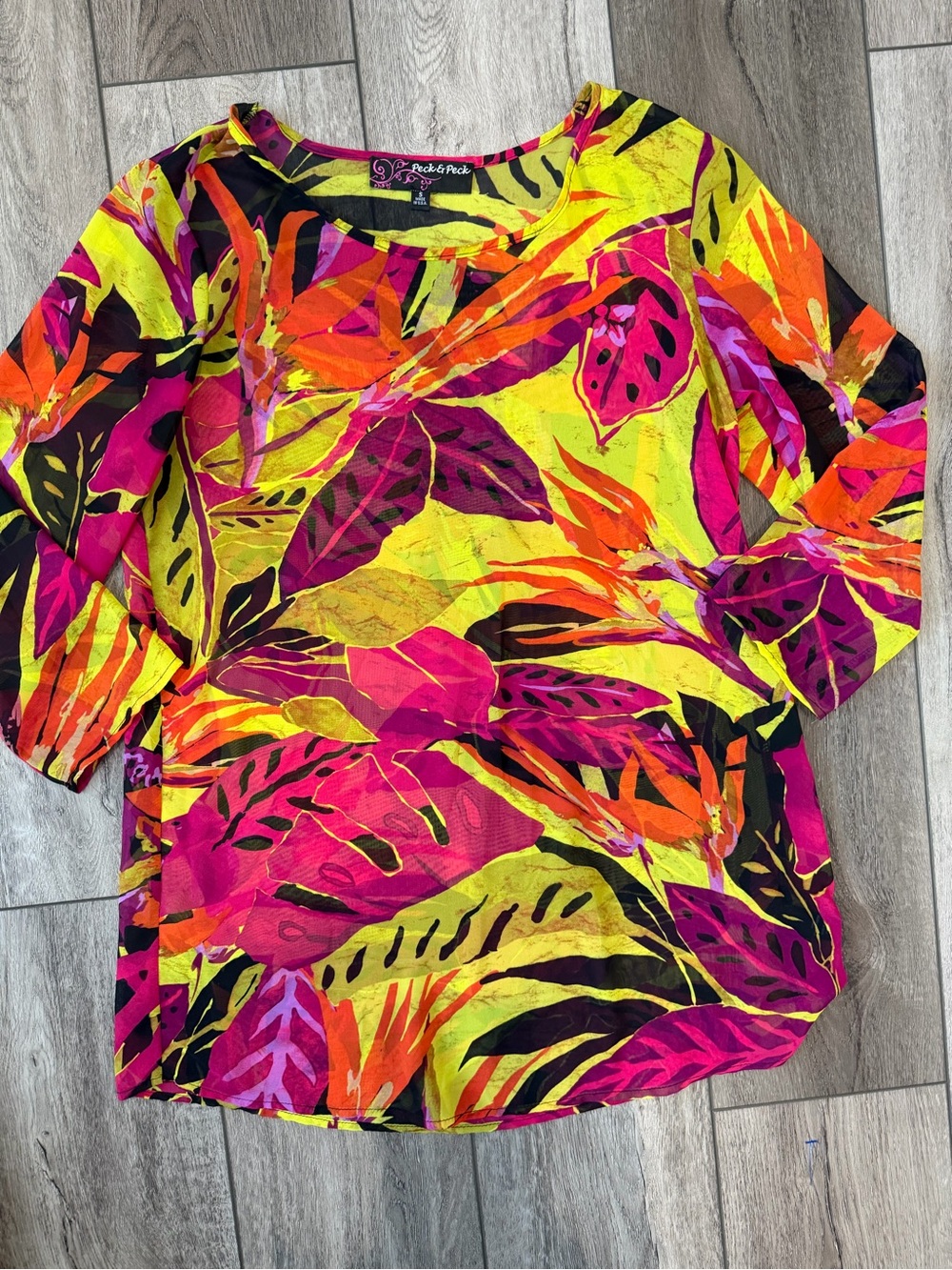 Peck & Peck - Sheer Black, Neon Yellow & Hot Pink Printed Top (S)